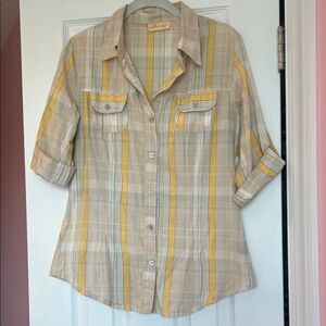 Cotton Plaid Button-Up Shirt with Yellow Stripes